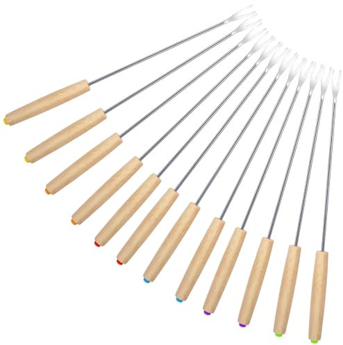 Set of 12 Grill Forks Fondue Forks Stainless Steel Fondue Forks Set Stainless Steel Fondue Fork Fondue Sticks with Wooden Handle for Fruit, Vegetables, Cheese Fondue, Roasted, Marshmallows, Cheese,