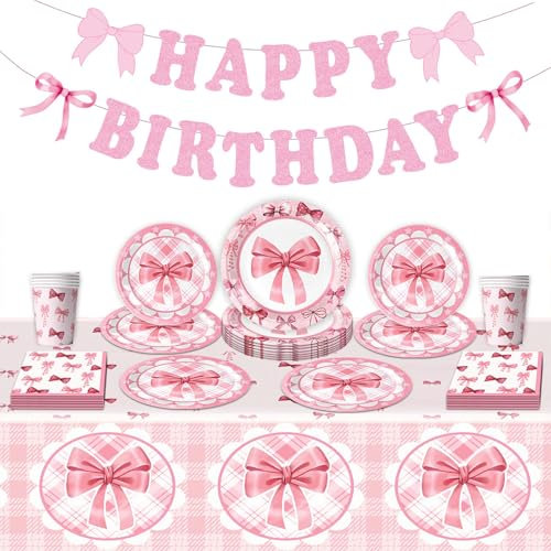 82 Pièces Kit De Vaisselle De Fête Avec Nœud Rose, Vaisselle D'anniversaire, Petite Assiette Dessert Jetable, Assiettes Gobelets Anniversaire, Kit Vaisselle Jetable Anniversaire pour 20 personnes