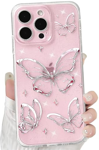 NITITOP Compatible with iPhone 13 Pro Max Case Cute Clear Glitter Butterfly Design Sparkly Bling Shiny Star Trendy Girls Women Soft Slim Anti-Yellow TPU Shockproof Protective Phone Cover - Pink