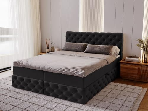 GRAINGOLD Canolo Bett 140x200, Boxspringbett mit Bettkasten, Polsterbett mit Bonell-Matratze, Samt Stoff, mit Topper, mit Kopfteil (Schwarz, 140x200)