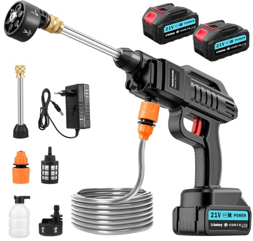 Hochdruckreiniger Akku, 21V 62Bar Mobile Akku-Hochdruckreiniger, Akku Hochdruckreiniger mit 2 Akku, 6-in-1-Multifunktionsdüse, 5M Schlauch, Filterkessel, Tragbarer Hochdruckreiniger für Auto, Terrasse