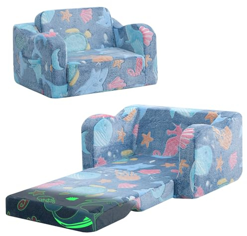 MeMoreCool 2-in-1 Kindersofa Ausklappbares Meeresleben | Kindersessel mit Schlaffunktion, Mini Spielcouch für Kinderzimmer Kuschelecke, geeignet für Mädchen und Jungen