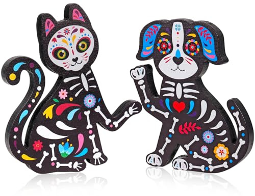HOWAF Day of The Dead Scheletro Cat and Dog Figurine Decorazioni da tavolo Dia De Los Muertos Regali in legno nero gatto e cane cartello teschio cane gatto topper da tavolo per Alter Halloween casa