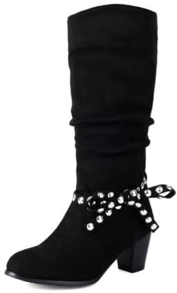 Stivali Donna Chic metà Polpaccio con Borchie Lacci Punta Tonda Tacco Medio Largo Facile da Indossare Tomaia Resistente Eleganti Feste Serate Ballo,Nero,41 EU