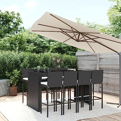 QJBSAVVA 9-TLG. Gartenbar-Set Schwarz 185x80x110 cm Bartisch mit 8 Barhockern Poly Rattan wetterfest Outdoor für Balkon Terrasse Garten Lounge
