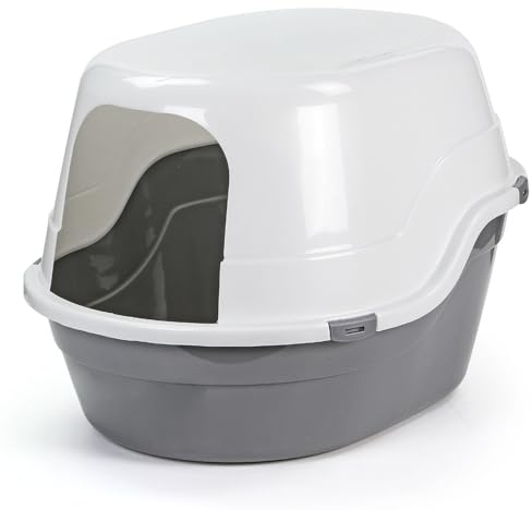 Taylor & Brown Covered Cat Litter Box with Open Entry – Hooded Enclosed Cat Toilet Tray for Indoor Cats, Odour Control Design, Privacy Cover, Easy Access, Durable Plastic, Grey & White