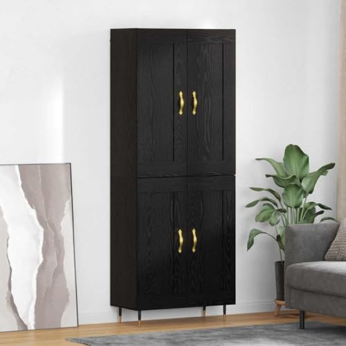 Kaloriko Highboard Schwarz Eichen-Optik, 69,5x34x90 cm, Holzwerkstoff, mit 4 Türen, Mattes Finish, vielseitiger Stauraum, modernes Design für Wohnzimmer
