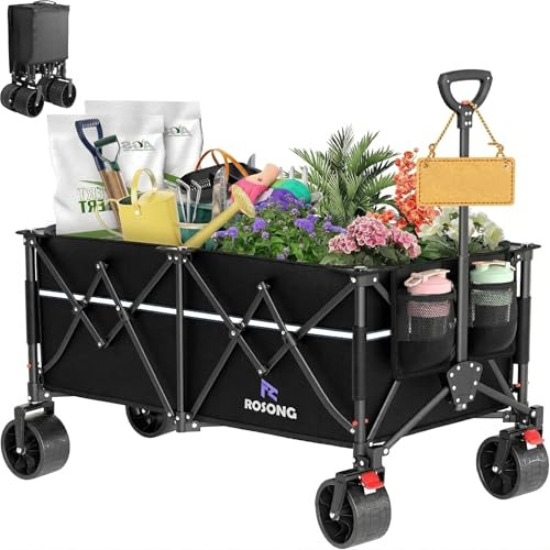 ROSONG Chariot de Plage Pliable-Chariot de Jardin 4 Roues Tout Terrain avec Freins Charrette de Transport Grande Capacité 260kg pour Camping, Courses, Extérieur, Noir