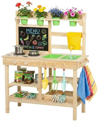 AIYAPLAY Cocina de Juguete Exterior con Macetas para Niños 3-6 Años Natural | Cocinita Infantil de Madera, Fregaderos, Grifo, Utensilios de Acero Inoxidable, Pizarra, Estantes, Ganchos