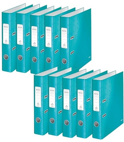 Leitz Qualitäts-Ordner 180°, 10er Pack, A4, schmal, 5,2 cm Rückenbreite, laminierte Graupappe, Eisblau, WOW Serie, 10060051