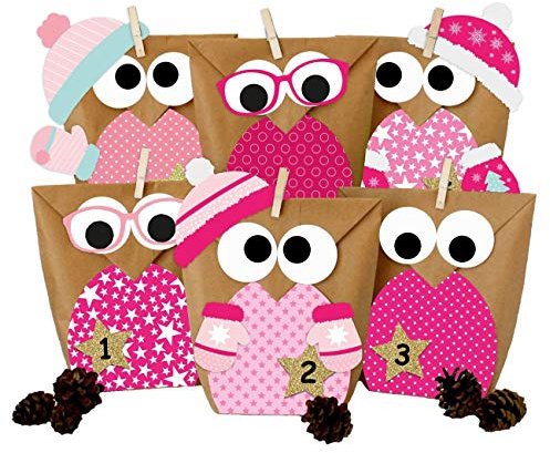Papierdrachen DIY Adventskalender zum Befüllen - Weihnachtseulen - Eulen Weihnachten - Set Rosa mit zusätzlichen Aufklebern - zum selbst basteln - für Mädchen oder die Freundin