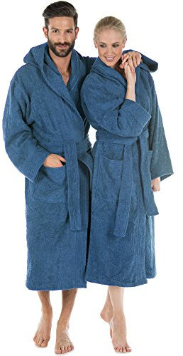 CelinaTex 5001170 Terry Towelling Bathrobe with Hood Cotton Sauna Gown for Men and Women Quality Dressing Gown Fluffy Cuddly Öko-Tex Montana Hooded Bathrobe Size L Blue
