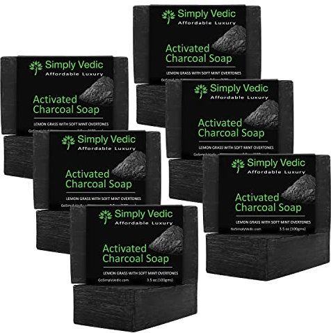Simply Vedic Black 6-Pack Detoxifying Activated Charcoal with Mint & Lemongrass Soap Bar For Body,Hand,Face. 100%Vegan Cold Pressed With Coconut Oil, For Problem Skin,Detox,Natural Hand-Made(3.5OzX 6)