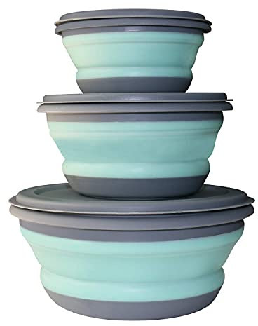 GLE2016 Lot de 3 bols pliables en silicone de qualité alimentaire – Conteneurs de stockage extensibles – Saladier en silicone avec couvercle portable (bleu)
