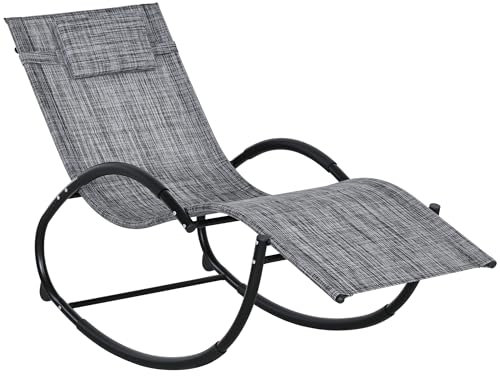Outsunny Mecedora de Exterior Tumbona Mecedora con Reposacabezas Reposabrazos y Marco Metálico Carga 120 kg para Interior y Exterior 155x61x88 cm Gris