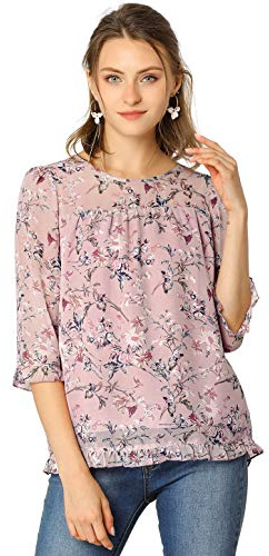Allegra K Chiffon-Blusen für Damen, leger, 3/4-Ärmel, Oberteile mit Blumenmuster