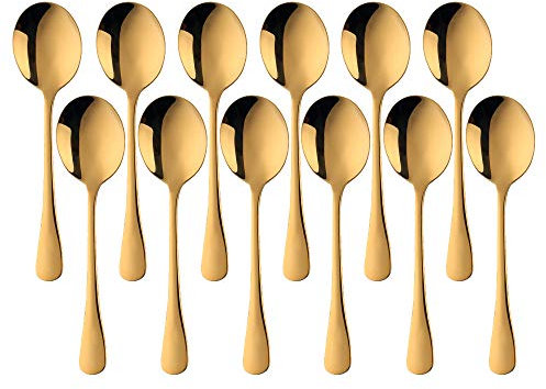 Meisha Edelstahl Runde Suppenlöffel 12er Set, Esslöffel Verwendung für Müsli, Soba, Suppe, Bouillon, heiße Schokolade, Spiegel poliert, 7,2 Zoll - Gold