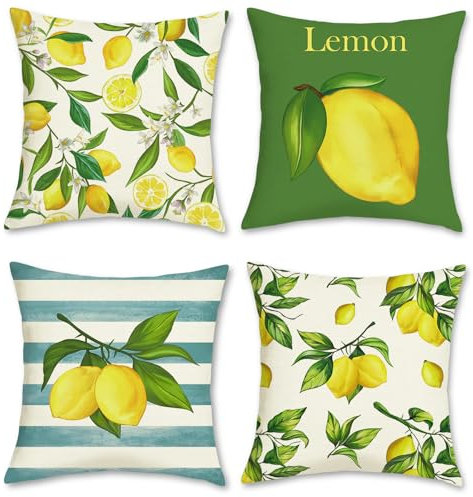 Bonhause 4er Set Kissenbezüge Zitrone 45 x 45 cm Gelbe Obst mit Grüne Blätter Polyester Leinen Dekorative Kissenhülle Zierkissenbezüge für Sofa Schlafzimmer Wohnzimmer Auto Zuhause Dekoration