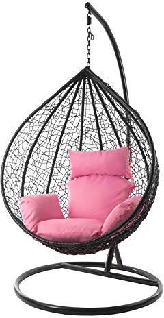KIDEO Komplettset: großer Hängesessel mit Gestell & Kissen, Korbsessel, Poly-Rattan (Korb & Gestell: schwarz, Kissen: rosa Nest (3002_Lemonade))