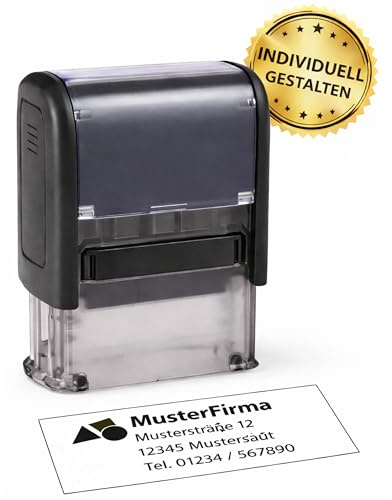 Individueller Stempel selbstfärbend 37x13 mm 4 Zeilen personalisierbar mit Text Logo Adressstempel Firmenstempel Bürostempel kompakt für Büro Praxis Lager Schule