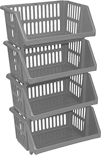 Optimal Products Large 4 Tier Stacking Baskets Storage Veg Rack Plastic Stackers 35 cm Kitchen Fruit Stand Shlef (Grey)