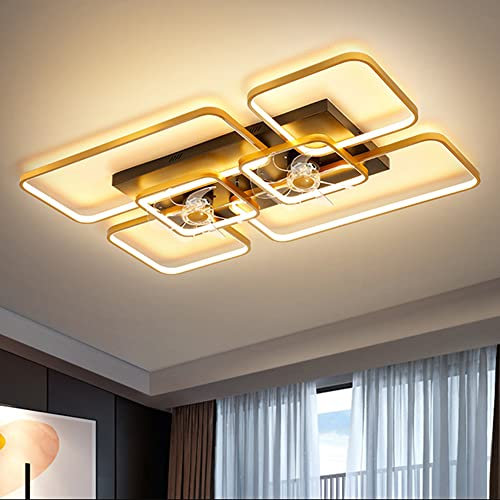Rectangular Ceiling Fan Lamp Modern Minimalist 7 Blades LED Semi Flush Light with Remote Control for Living Room 27.5'', Gold-Black