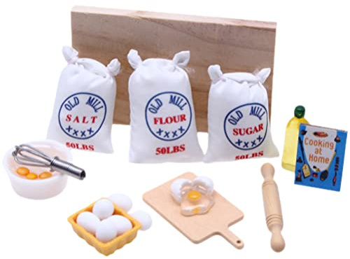 LUOZZY Sacs à farine miniature 1:12 pour maison de poupée - Accessoires de cuisson miniatures - Batteur à œufs - Livre de cuisine - Sac à farine