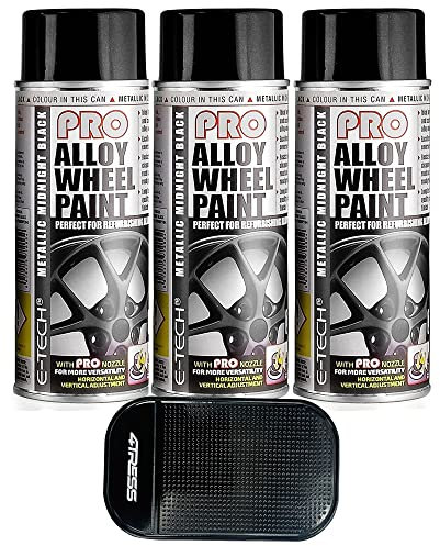 4TRESS E Tech 3 x 400ml PRO Metallic Midnight Black (704) Alloy Wheel Spray Paint Non Slip Car Dash Mat