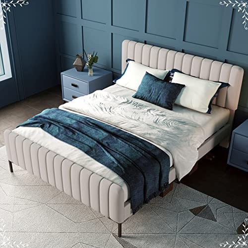 Whoiy Polsterbett 160X200, Bett Holz Massiv Beige Luxuriöses Dickes Verstellbares Kopfteil aus Leinen Doppelbett mit Metal Lamellen Jugendbett