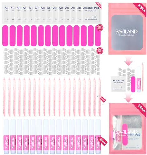 Saviland Press on Nail Tool Kit: 20PCS All In 1 Press on Nails Tools Sticky Adhesive Tabs Fake Nails Tools Mini Nail File Nail Glue Prep Pads Nail Art Tools Starter Nail Salon Gifts Carry Anywhere