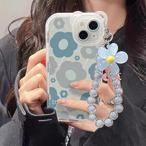 Twintine case for iPhone 14 Pro Max, iPhone 13 pro, iPhone 12 pro Cute Flower Strap Case Shockproof Anti-fingerprint Non-slip Protection with KeyChain (Blue Flower iPhone 14 Pro)