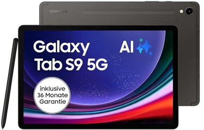 Samsung Galaxy Tab S9 AI-Android-Tablet, 5G, 128 GB / 8 GB RAM, MicroSD-Kartenslot, Inkl. S Pen, Simlockfrei ohne Vertrag, Graphit, Inkl. 36 Monate Herstellergarantie [Exklusiv bei Amazon]