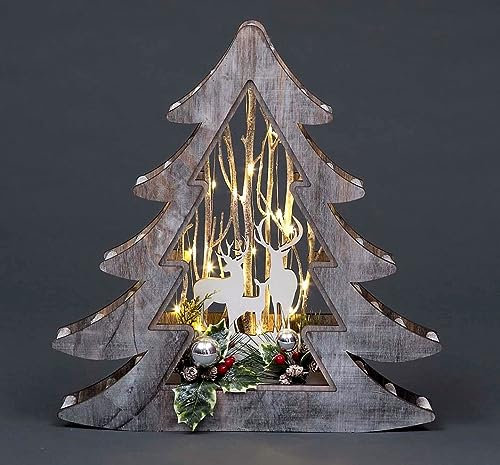 Wooden Christmas Reindeer Scene Tabletop Centrepiece Frame 48cm - Christmas Tree Shape, Battery Operated with Micro Rice LEDs and Festive Decorations - Room Wall Table Home Xmas Decorative Gift