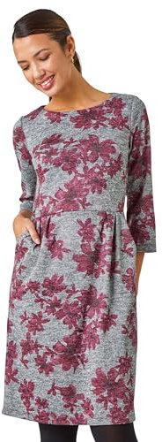 Roman Originals Shift Dress with Pockets for Women UK - Ladies Summer Autumn Winter Smart Casual Work Short 3/4 Sleeve Tunic Knee Length Pleated Gathered Waist Tea Loose - Pink & Grey - Size 20