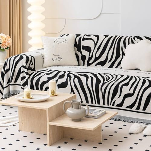 Gualiy Bezug Sofa 130x180cm, Zebrastreifen mit Fransen Couch Überzug 1 Sitzer Sofaüberwurf Kratzfest Schwarz Sofa Überzug für Wohnlandschaft