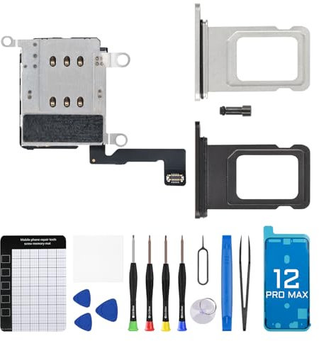 Risidamoy Dual-SIM-Kartenleser für iPhone 12 Pro Max, Flexkabel mit schwarzem und silberfarbenem SIM-Kartenschlitz, Ersatzteil, 12PROMAX Sim-Auswerfer-Reparaturwerkzeug-Set A2342, A2410, A2411, A2412