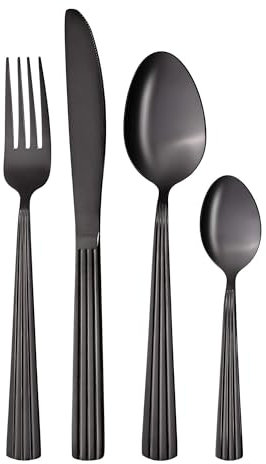 GRÄWE Juego de cubiertos para 4 personas, de acero inoxidable, cubiertos de comedor negro, 16 piezas, apto para lavavajillas, juego de cubiertos con decoración - serie Atenas