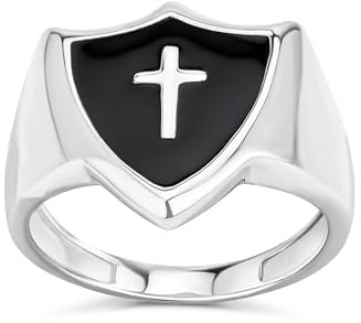 Bling Jewelry Personalisierbarer Unisex-Ring mit schwarzem Onyx-Inlay, religiösem christlichem Schild-Kreuz-Siegelring für Frauen, Männer, Teenager, aus .925 Sterlingsilber.