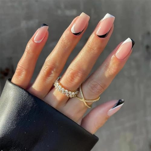 24pcs Short Square False Nails French Tip Stick on Nails Pink Press on Nails with Black White Edge Removable Glue-on Nails Fake Nails Acrylic Full Cover Nails Women Girls Nail Art Accessories