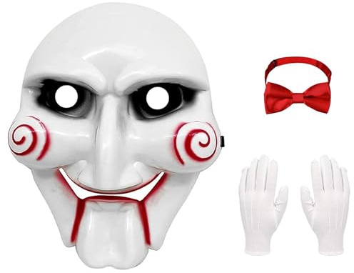 Carnavalife Saw Assassin Mask, Saw Halloween Mask, Clown Saw Billy Mask, Adult Halloween Mask, Halloween Horror Movie Mask (SAW MASK+BOW TIE+GLOVES)