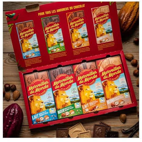 Merveilles du Monde Grand Coffret Dégustation avec 8 Tablettes de Chocolat, Chocolat Au Lait Amandes, Blond, Noir, Cadeau Gourmand