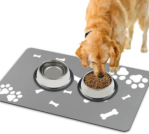 Lurowo Tapis de Nourriture pour Chien à Séchage Rapide Super Absorbant Lavable Antidérapant pour Chat 43x75cm (Motif de Patte d'Os-Gris Clair)
