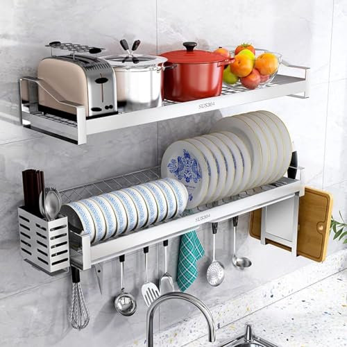 MNOIINM Escurridor colgante para platos de 2 niveles sobre el fregadero, estante de secado de platos de acero inoxidable montado en la pared con escurridor y jaula de palillos colgante (color: 80 x