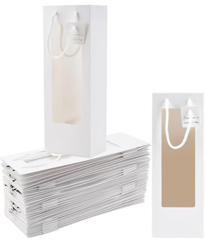 BENECREAT 24 Packs White Clear Gift Bags with Window, Kraft Paper Shopping Bags with Handle Champagne Bags for Baby Shower Birthday Wedding Party Anniversary, 13x8.7x36cm