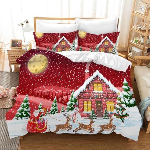 Leleyouzer Weihnachten Bettwäsche 135×200cm Kinder Weihnachts Bettbezugs Set Set Mikrofaser Bettwäsche Set mit 2 Kopfkissenbezügen 50 x 75cm(MC8)