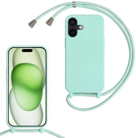 MBSLFY Silikon Handykette für iPhone 16 Plus Hülle mit Band,Silikon Necklace Handyhülle mit Abnehmbar Kordel zum Umhängen Stossfest Bumper Handy Schutzhülle für iPhone 16 Plus, Minz grün
