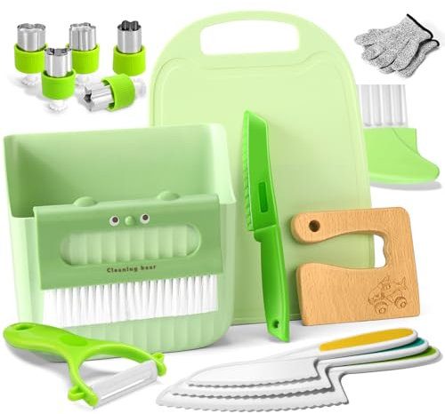 Goodchef Couteaux pour enfants 15 pièces pour couper et cuisiner les fruits et légumes, adapté aux enfants en bas âge, comprenant un couteau en bois et un couteau d'office (requins)