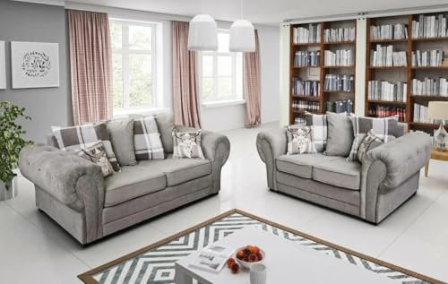 Easy4You Chesterfield Baron Grau 3-Sitzer-Sofa + 2-Sitzer-Sofa Sofas für Wohnzimmer Sofagarnituren Chesterfield mit Streukissen-Kissen Dunkelgrau