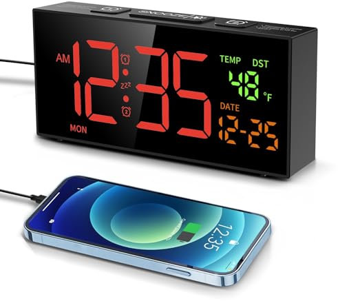 Digitaler Wecker Laut, Digitalwecker mit Temperatur und Datumsanzeige, 10 Klingeltönen, 2 Alarme, Snooze, 4 Helligkeit, 4 Lautstärke, 12/24 Stunden, Wecker für Schlafzimmer Wohnzimmer (Schwarz-Rot)