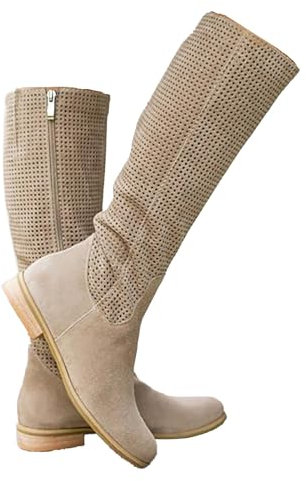 Dasongff Scarpe Donna Stivali Estivi Trafitto Primavera Tacco Confortevole Alti Al Ginocchio Equitazione Moda Lunghi Stivaletti Mollets Larghi Stivaletti Vintage Cerniera Laterale, A1 beige., 43 EU